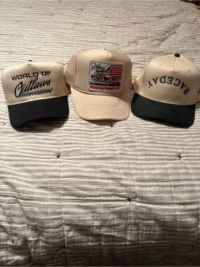 Source Unknown Beige Racing Patch Trucker Hat with Black Brim